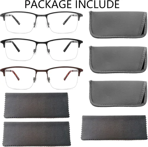 Miniatura 3 de 3-Pack Reading Glasses for Men Blue Light Blocking Fashion Metal Half Wide Frame Readers Semi Rimless Eyeglasses