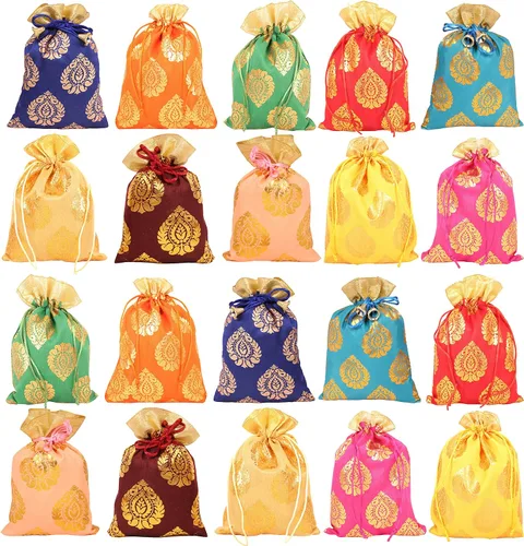 Miniatura 24 de Touchstone Preciosas bolsas de regalo reutilizables, respetuosas con el medio ambiente, brocado de cachemira con cordón grande para cumpleaños