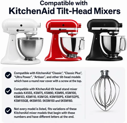 Miniatura 3 de Univen Mezclador de alambre compatible con mezcladores KitchenAid con cabezal inclinable K45WW K45SS KSM75 KSM90 KSM95 KSM100 KSM103 KSM110 KSM150PS