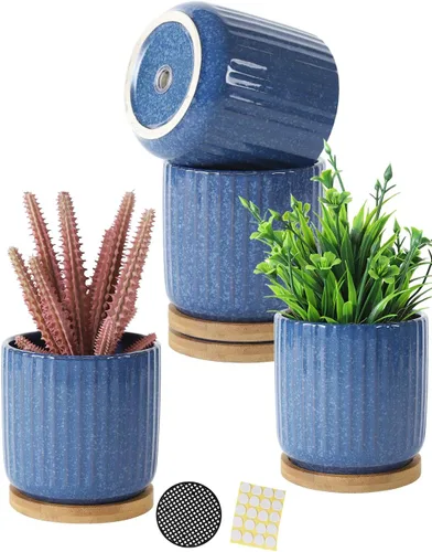 Miniatura 7 de Macetas de cerámica de 4 pulgadas con agujeros de drenaje, maceta moderna de patrón vertical con platillo para plantas de interior, suculentas