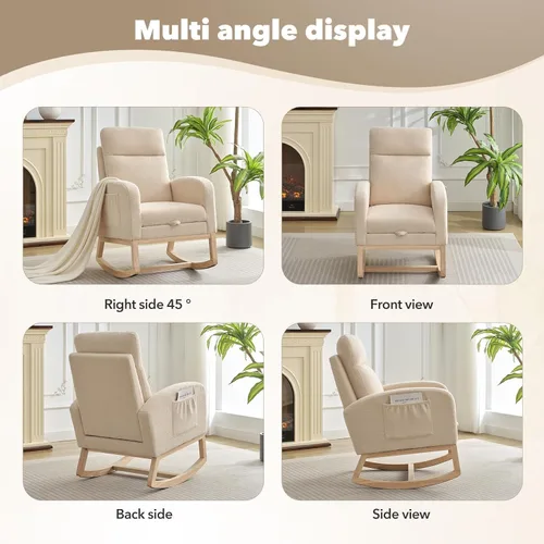 Miniatura 4 de Mecedora con reposapiés, sillón reclinable con respaldo alto, patas de madera y bolsillo lateral para sala de estar, dormitorio, color beige