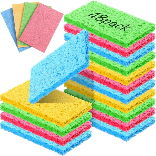 Miniatura 12 de Zhengmy 48 esponjas a granel, esponjas comprimidas de cocina, esponja natural para platos, limpieza de pulpa de madera comprimida sin rayar para Azul
