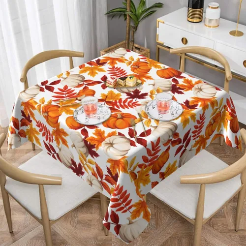 Miniatura 2 de Thanksgiving Tablecloth Square 52x52 Inch Fall Harvest Autumn Pumpkin Fallen Leaves Maple Leaf Print Decorative Table Cloth Holiday Decorations