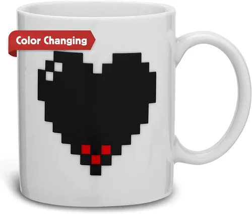 Kikkerland Pixel Heart Morphing - Taza que cambia de color reacciona al calor, regalo divertido para café, cacao caliente y bebidas calientes