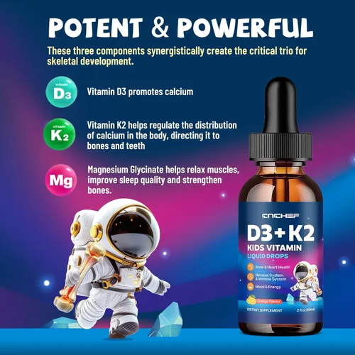 Miniatura 3 de Gotas de vitamina D3 K2 para niños, suplemento líquido con magnesio para absorción de calcio, salud de las articulaciones, dientes y corazón, sin
