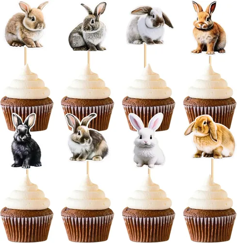 Ercadio Paquete de 32 adornos para cupcakes de conejo, selecciones de cupcakes de animales salvajes, decoraciones de cumpleaños para baby shower,