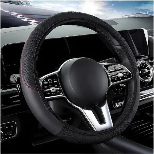 Miniatura 14 de DXNQ Funda para volante de automóvil, 15 pulgadas de fibra de carbono con costuras de piel, protector de volante de color, antideslizante, elástica