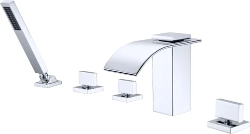 Miniatura 16 de sumerain Grifo de bañera romano de níquel cepillado Grifo de bañera de tres agujeros de montaje generalizado con boquilla de cascada de alto flujo