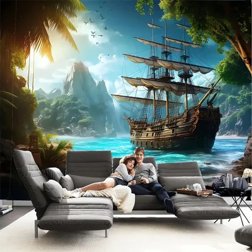 Miniatura 5 de FENDROM Tapiz náutico Decoración Fantasma Velero Arte de Pared Fantasía Paisaje Océano Náutico barco pirata Onda Vela Luna Tapices Colgantes