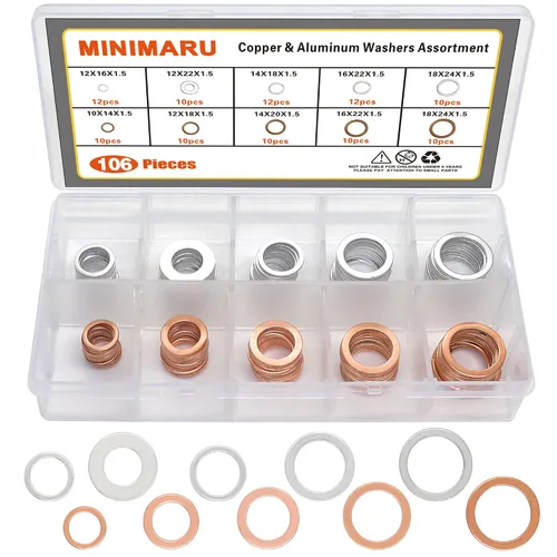 Surtido de 106 piezas de cobre y aluminio Crush Wahser, tapón de drenaje de aceite, surtido de juntas – 0.394 in, 0.472 in, 0.551 in, 0.630 in,