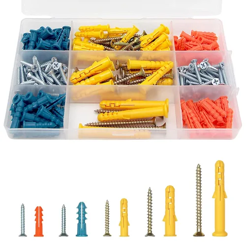Juego de 230 anclajes y tornillos de pared de plástico para paneles de yeso, anclajes de plástico de colores surtidos y tornillos de cabeza plana en
