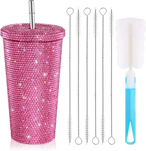 Miniatura 9 de Mimorou Botella de agua con diamantes brillantes y tachonados, con tapa, de acero inoxidable, térmica, con diamantes de imitación y 1 cepillo