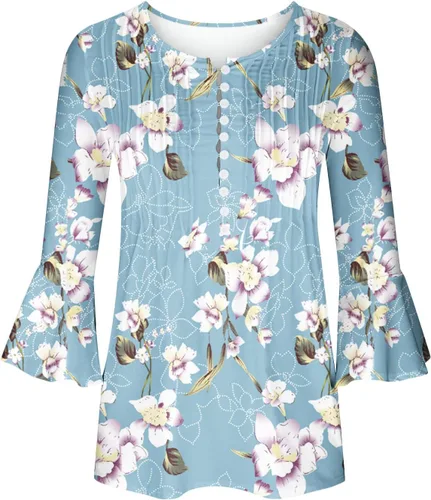 Miniatura 9 de Ceboyel Blusa tipo túnica con estampado floral para mujer, con botones, estilo Henley, con manga de codo, casual, trajes de moda para mujer
