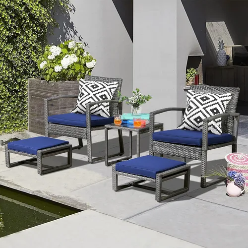 Patiorama Juego de 5 piezas de muebles de mimbre para patio al aire libre, silla de ratán PE gris para todo clima y juego de otomán reposapiés, con