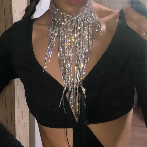 Miniatura 2 de Flyonce - Collar con diamantes de imitación para mujer, gargantilla con borla estilo pechera, joyería para fiesta formal