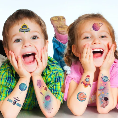 Miniatura 5 de 120 tatuajes temporales de galaxia con purpurina para niños y niños, 12 hojas de tatuajes del espacio exterior para niños, suministros de fiesta