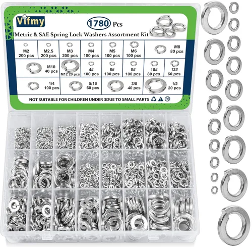 Miniatura 9 de Kit de surtido de arandelas de bloqueo de resorte SAE Vifmy (paquete de 910), #4 #6 #8 #10 #12 1/4" 5/16" 3/8" 1/2" Juego de arandelas de bloqueo