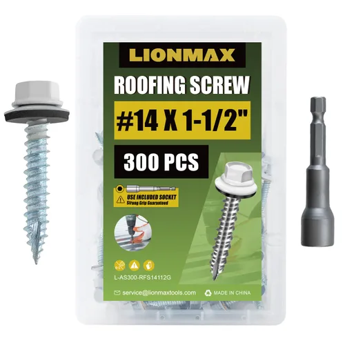 Miniatura 10 de LIONMAX Tornillos de metal para techos #14 x 1-1/2 pulgadas, 300 unidades, tornillos de techo de chapa de metal pintado en negro, arandela de goma