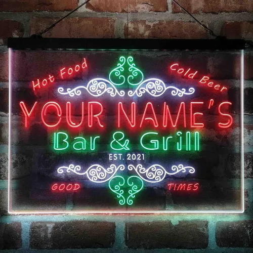Miniatura 16 de Letrero de luz de neón LED tricolor personalizado para bar y parrilla, nombre personalizado, fecha, texto, cita, fuente blanco, azul y rojo, 17.7 x