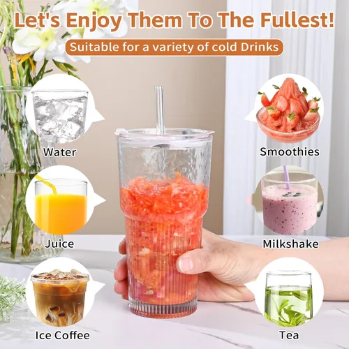 Miniatura 3 de Tazas de vidrio de 20oz con tapas y pitillos, 2 piezas de tazas de vidrio con tapas y pitillos, tazas de café helado con tapa, vasos para jugo