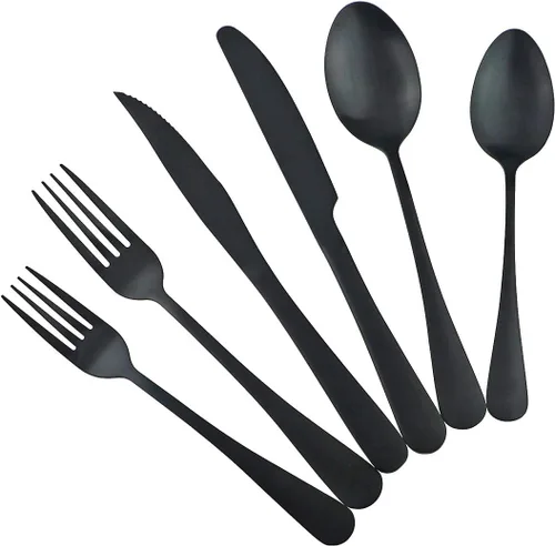 Juego de cubiertos de acero inoxidable chapado en titanio de 24 piezas, cubiertos de viaje que incluyen cuchillo, tenedor, cuchara, servicio para 4,