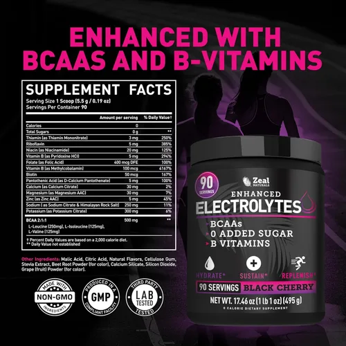 Miniatura 2 de Zeal Naturals Bebida de recuperación de electrolitos en polvo (90 porciones Cereza negra) con 0 azúcar+BCAA +Vitaminas B Suplemento