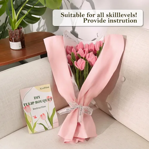 Miniatura 8 de iCraftine Kit de flores limpiadoras de tuberías, incluye tallos de chenilla rosa y verde, tallo floral, cinta de jardinería, cinta para hacer ramo
