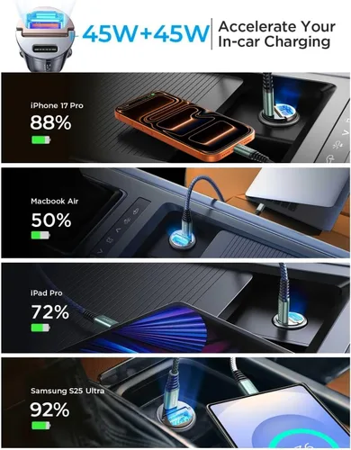 Miniatura 6 de AINOPE 90W para iPhone 17/16/15 Pro Max Cargador de coche USB C Fast Chage, [Mini y Metal] Adaptador de encendedor de cigarrillos invisible