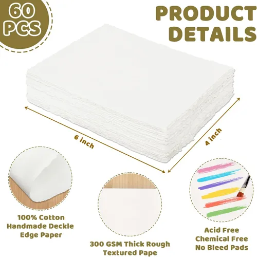 Miniatura 2 de 60 hojas de papel de acuarela de 4 x 6 pulgadas, papel de borde deckled de 220 GSM, papel rugoso / texturizado hecho a mano, utilizado para dibujo