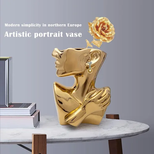 Miniatura 3 de GDYOOSHOW Jarrones faciales para flores, maceta de busto, jarrón de cerámica para exhibir joyas, color dorado, 9.84 pulgadas de alto, adecuado