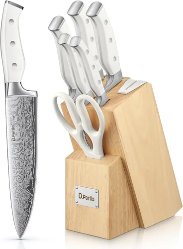 D.Perlla - Juego de cuchillos de cocina de 8 piezas con afilador integrado, juego de bloques de cuchillos de acero inoxidable alemán de carbono de