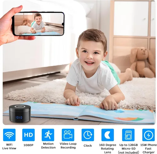 Miniatura 2 de Cámara interior con reloj y carga inalámbrica, cámaras WiFi de 1080P para el hogar, cámara de seguridad con detección de movimiento, visión