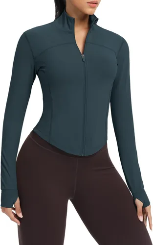 Miniatura 22 de AVGO Chaquetas de entrenamiento recortadas para mujer, con cremallera, ajustadas, atléticas, con agujeros para el pulgar