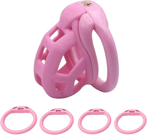 Miniatura 10 de Jaula de castidad rosa 2.0 dispositivo de castidad masculina con 4 anillos de resina ligera jaula de castidad para hombre pene ejercicio de bondage