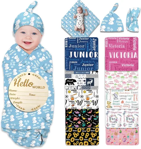 Miniatura 26 de Manta de bebé personalizada para niña y niño, manta de recepción con nombre personalizado con diadema de lazo y sombrero, regalos personalizados