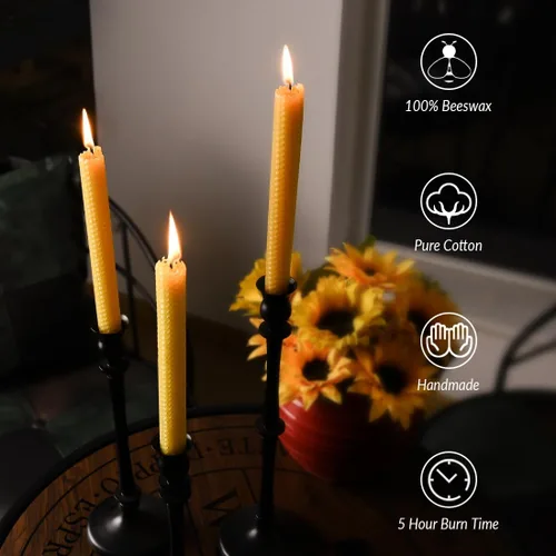 Miniatura 5 de Paquete de 4 velas cónicas de cera de abeja enrolladas a mano, sin humo, sin goteo, orgánicas, sin aroma, 8 pulgadas en amarillo natural