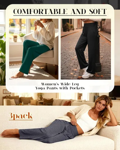Miniatura 15 de Neer - Conjunto de 3 pantalones de yoga de pierna ancha para mujer - Pantalones deportivos cómodos, holgados, de cintura alta y casuales