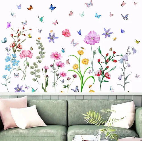 Miniatura 2 de Calcomanías de pared de flores coloridas con mariposa y abeja, 58 unidades, calcomanías de pared de flores extraíbles, bricolaje para despegar y 58