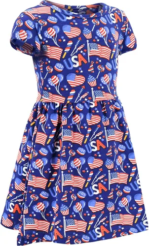 Miniatura 6 de Unique Baby Vestido sin mangas con estampado de bandera patriótico para niñas, Azul, blanco, rojo.