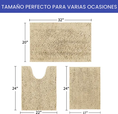 Miniatura 2 de ACCUMTEK - Juego de alfombras de baño a rayas beige de 3 piezas, ultrasuaves, antideslizantes de chenilla, alfombras de baño mullidas y absorbentes