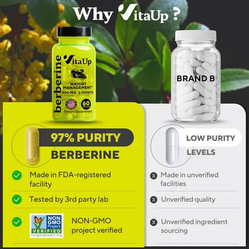 Miniatura 7 de VitaUp Suplemento de berberina de 500 mg – Berberina fabricada en Estados Unidos 500 mg – Berberina HCL sin OMG – Suplementos de berberina
