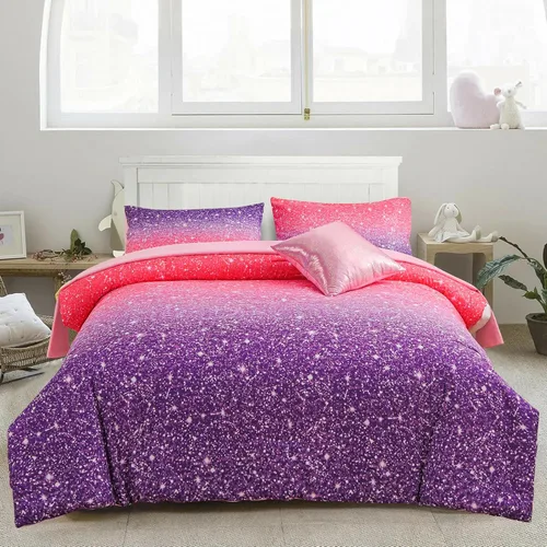 A Nice Night Juego de Edredón para Niñas Tamaño Twin 6 Piezas Cama en una Bolsa Ropa de Cama 3D Colorida Brillante Galaxia Arcoíris Juegos de
