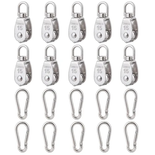 Miniatura 13 de 2 piezas de bloque de polea individual M32 de acero inoxidable 304, rueda de remolque de alambre para colgar, con 2 piezas de gancho de resorte