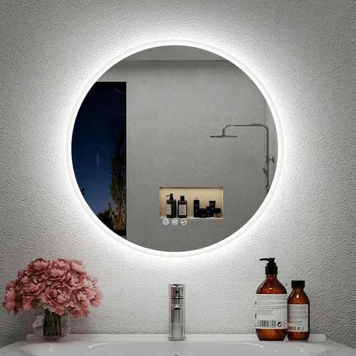 S·BAGNO - Espejo de baño LED redondo de 24 pulgadas con luces, espejo de tocador antivaho montado en la pared, 3000 K/4000 K/6500 K, espejo