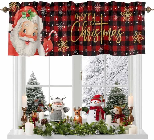 Miniatura 8 de Cenefa de Navidad para ventanas, cenefas de Papá Noel, cenefa con bolsillo para barra, tratamientos de ventana, cortinas cortas a cuadros rojos