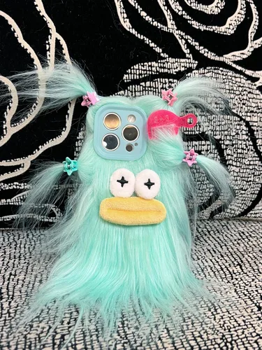 Miniatura 11 de Funda de teléfono de felpa negra para iPhone 11, linda funda DIY de pelo largo con cara divertida y abrigada, funda protectora de invierno
