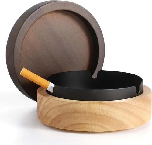 Miniatura 8 de Cenicero lindo para cigarrillos con tapa DDAJJAJ Cenicero de madera con acero inoxidable, cenicero portátil decorativo, cenicero resistente al