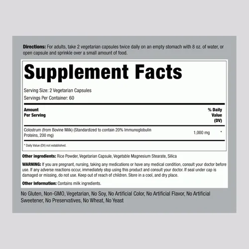 Miniatura 2 de Piping Rock Cápsulas de calostro de 1000 mg 120 píldoras Suplemento para mujeres y hombres 20% de inmunoglobulina Vegetariano, sin OMG, sin