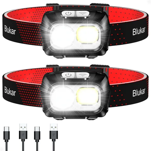 Blukar Linterna frontal LED recargable, 2000L faro súper brillante con sensor de movimiento - Brillo regulable, 8 modos, foco y luz de inundación y