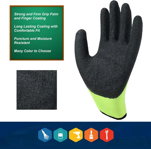 Miniatura 3 de GLL Guantes de trabajo de seguridad con revestimiento de látex para hombres y mujeres, paquete de 10 pares de agarre firme